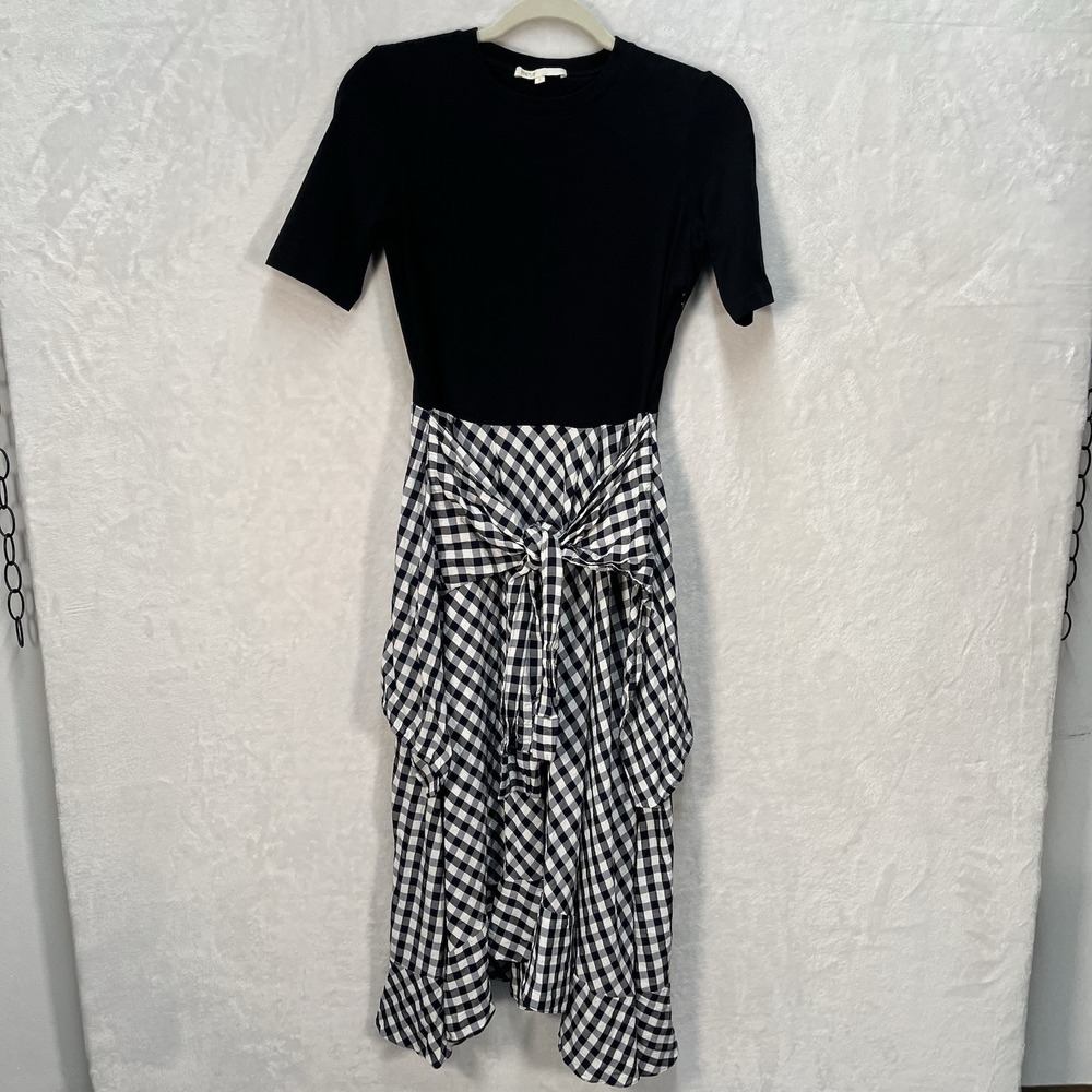 Maje Rapri Gingham Mixed Media Midi Dress Womens 2 (Medium) Plaid Fall Tie Front